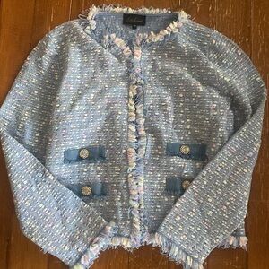Luisa spagnoli tweed jacket light blue sparkly with fringe size medium $450